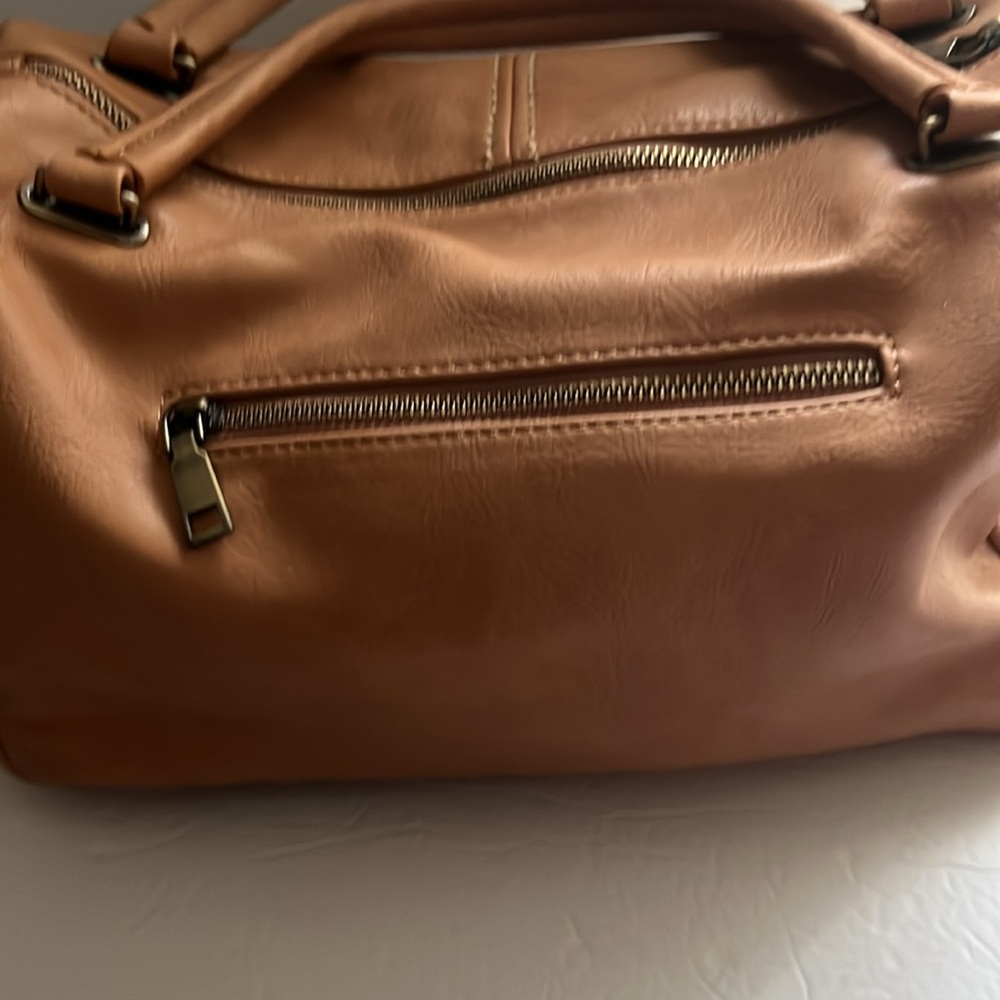 Antik Kraft Vegan Leather Satchel, camel w/retro print fabric lining. - Picture 4 of 9